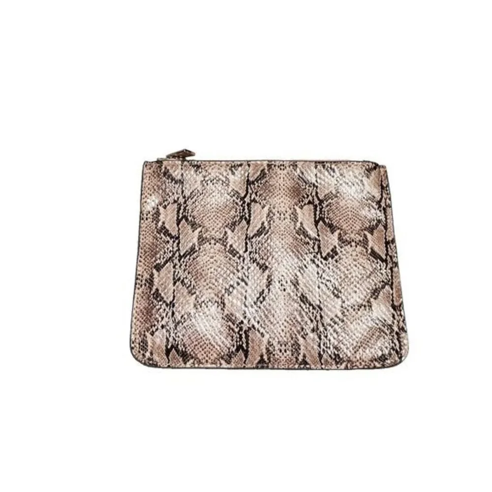 Makeup Pencil Bag Pink Brown Snake Print Leather‎ Zip Pouch Single Compartment